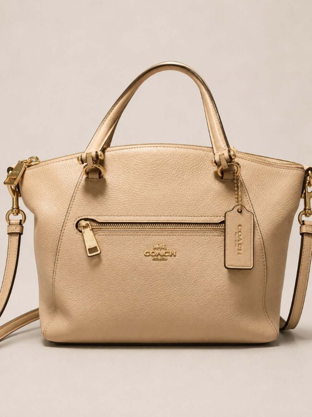 **Coach Pebbled Leather Prairie Satchel Crossbody Bag Beige**